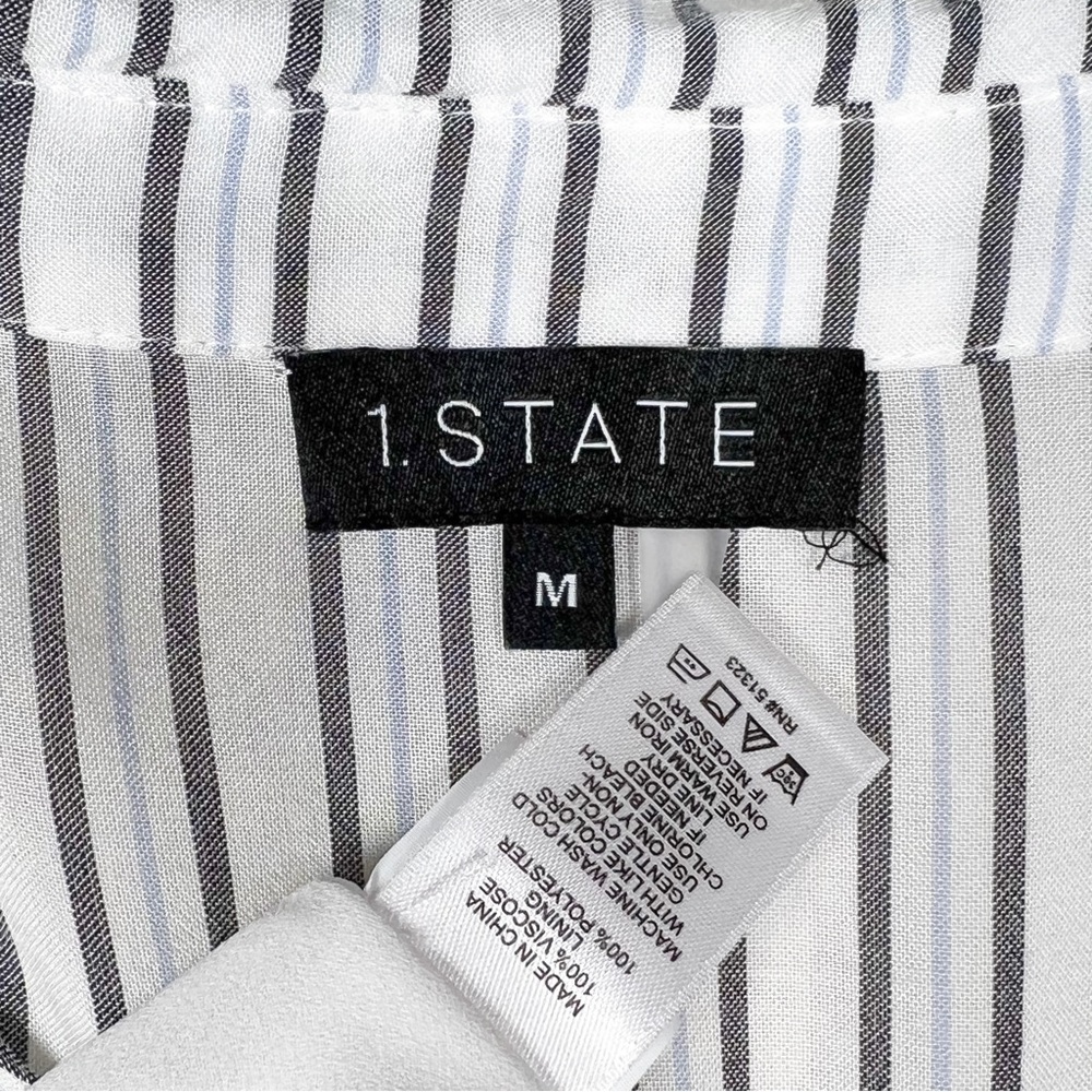 1. State White Pinstripe Tie Waist Asymmetrical High Low Short Sleeve Shittdress - Picture 12 of 12